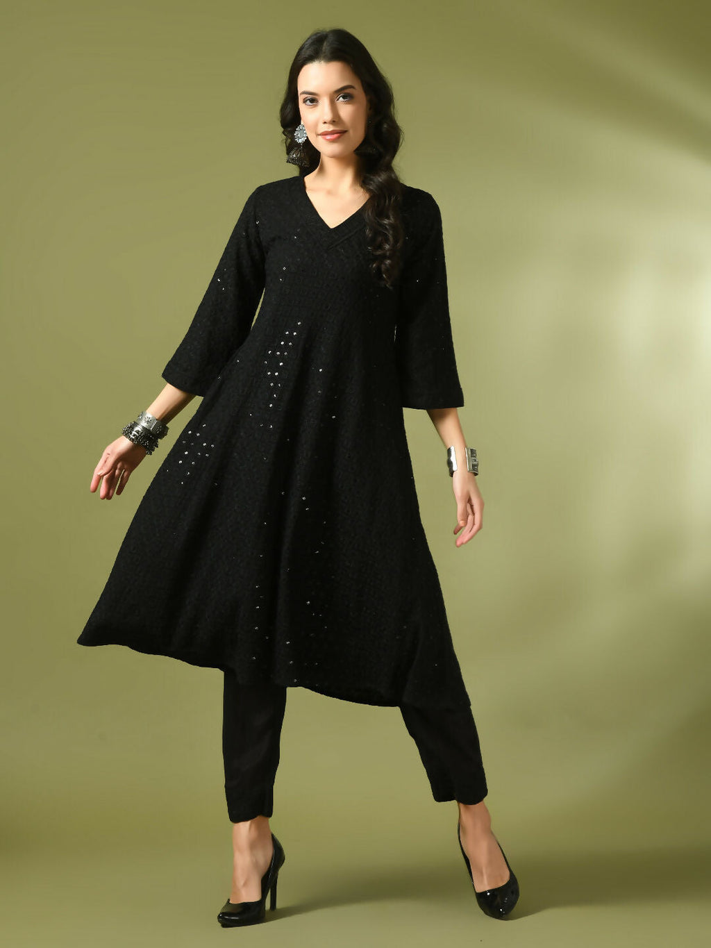 Myshka Women's Black Embroidered Cotton A-Line Party Kurta Set | Grocsy