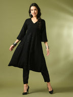 Myshka Women's Black Embroidered Cotton A-Line Party Kurta Set | Grocsy