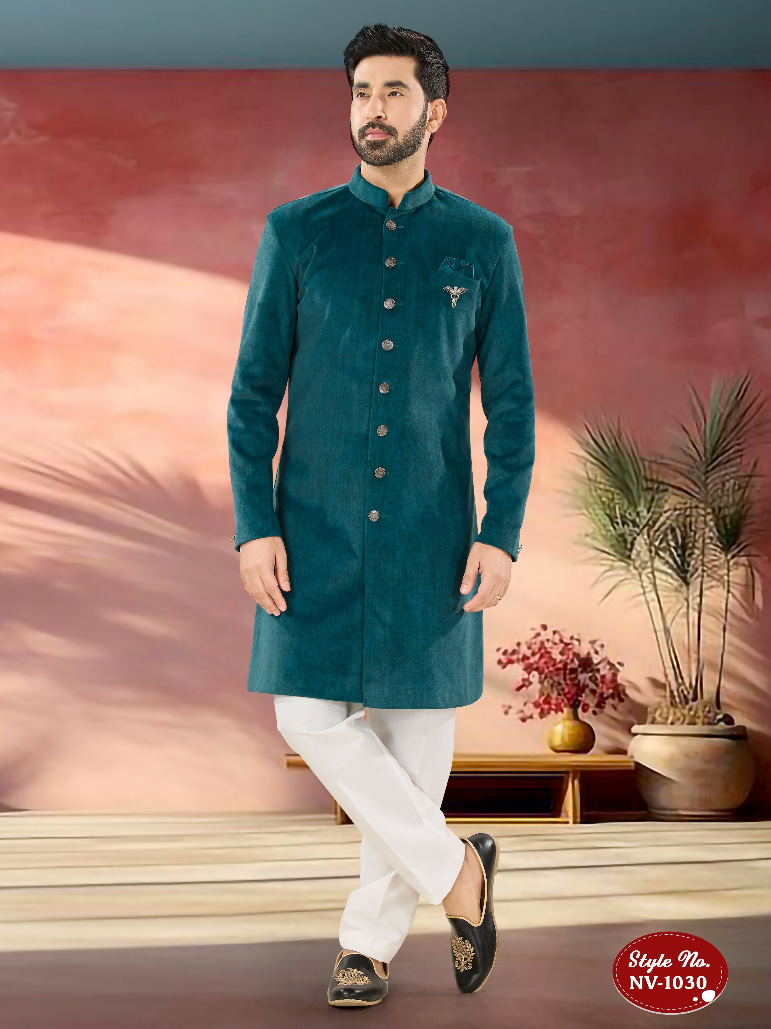 Joban Fashion Men's Blue Straight Swed Velvet Thread & Sequence Embroidery All Over Indo-Western Kurta Set | Grocsy