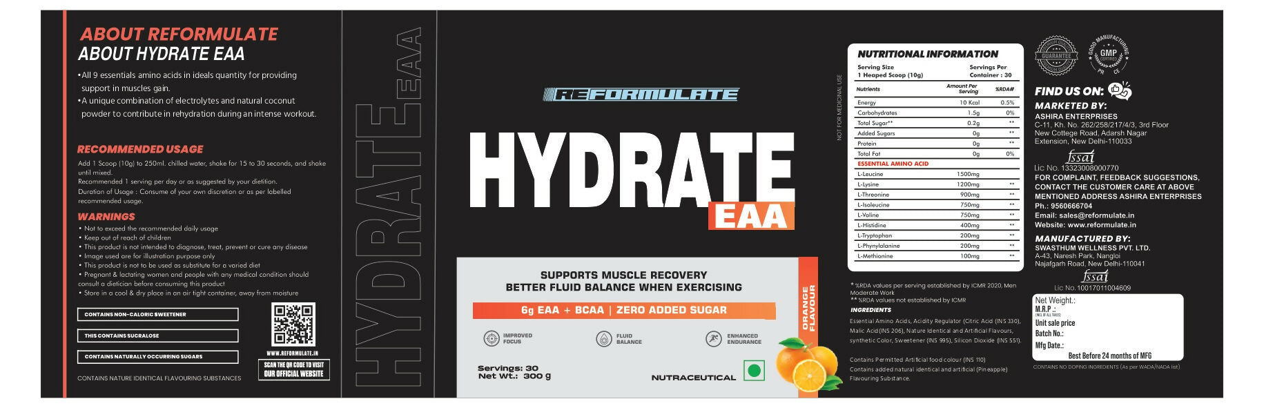 Reformulate Hydrate EAA I Supports Muscle Recovery | Zero Added Sugar | Improved Focus I Fluid Balance - Orange | Grocsy