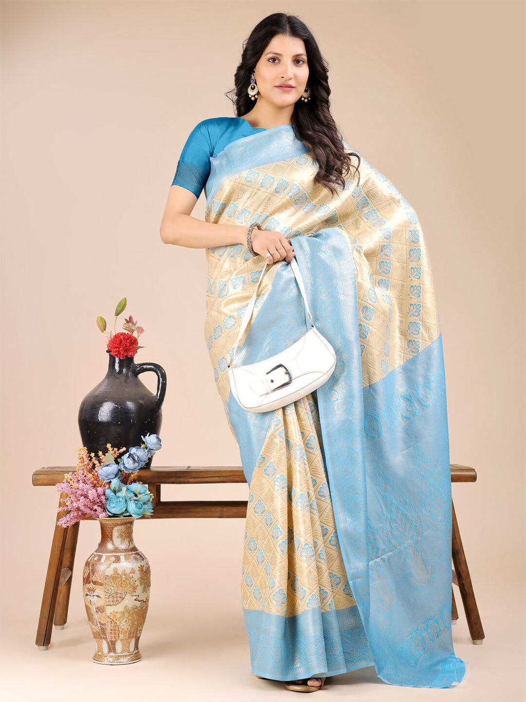 Shree Shyam Fashion Aura Silk Cream Sky Blue Banarasi Silk Saree | Grocsy