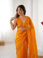 Yellow Fendy Designer Beads Moti,Val Sequence Work Saree - Siara | Grocsy