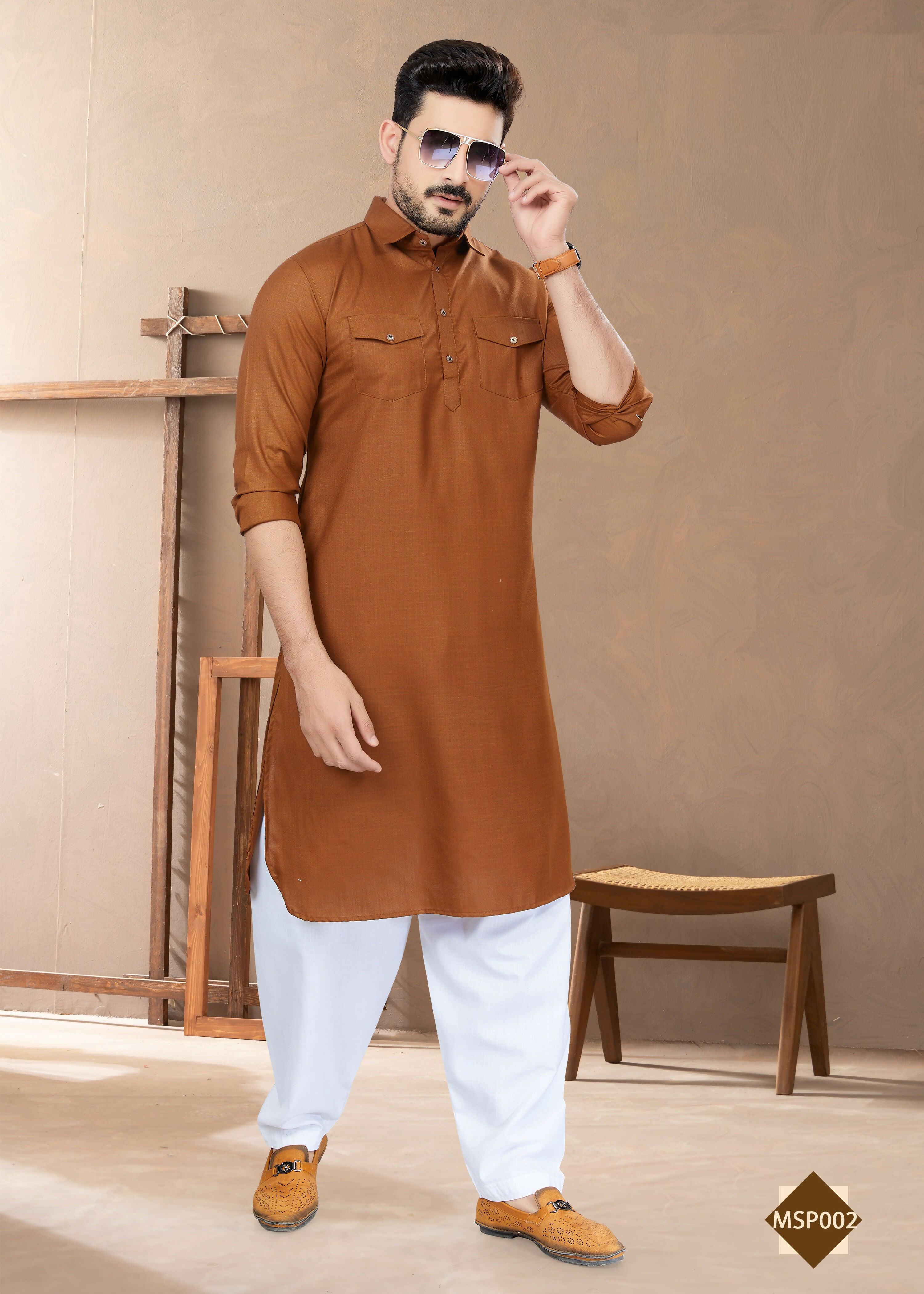 Joban Fashion Men's Dark Brown Heavy Cotton Plain Kurta Pyjama set | Grocsy