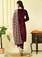 Myshka Women's Magenta Velvet Kurta & Trousers With Dupatta Party Sets | Grocsy