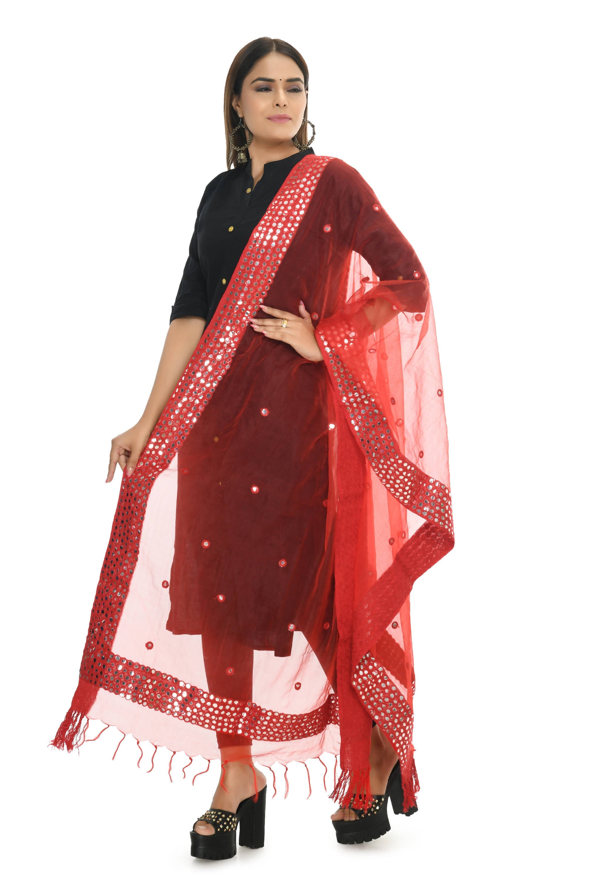 Mominos Fashion Moeza 6 Line Mirror Border Red Dupatta | Grocsy