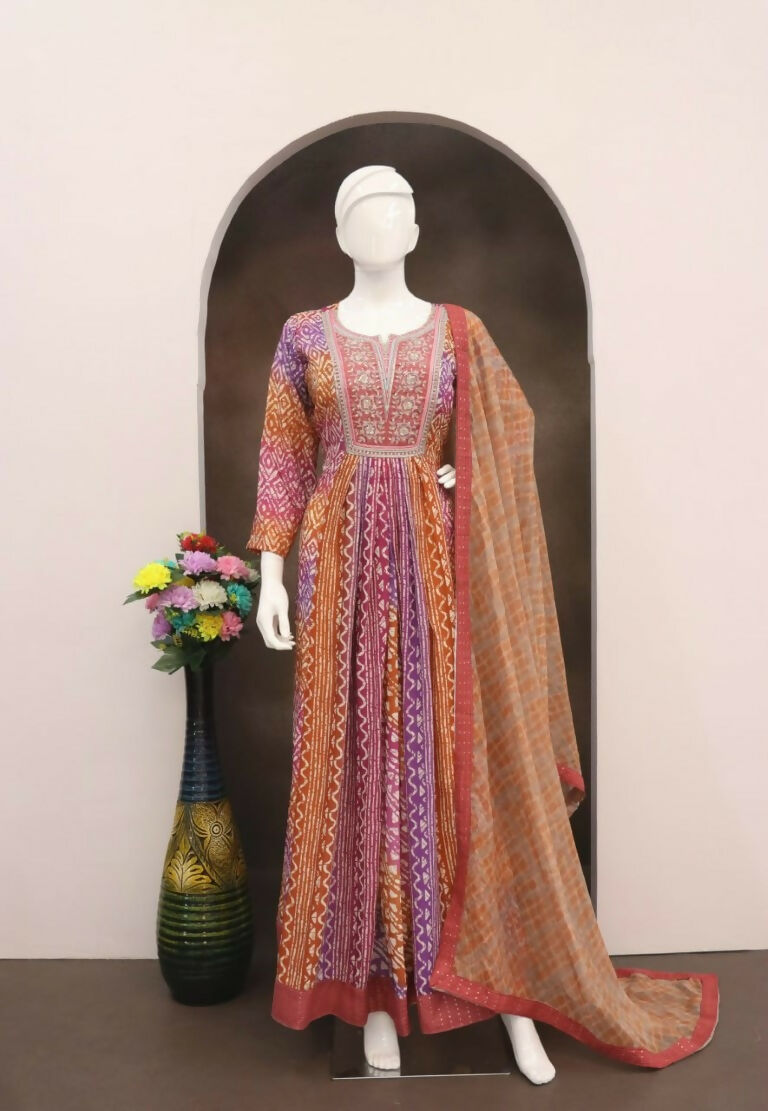 Vastranavya Lavender Muslin Printed Sequins Beads Work Abaya Style Anarkali Suit | Grocsy