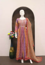 Vastranavya Lavender Muslin Printed Sequins Beads Work Abaya Style Anarkali Suit | Grocsy