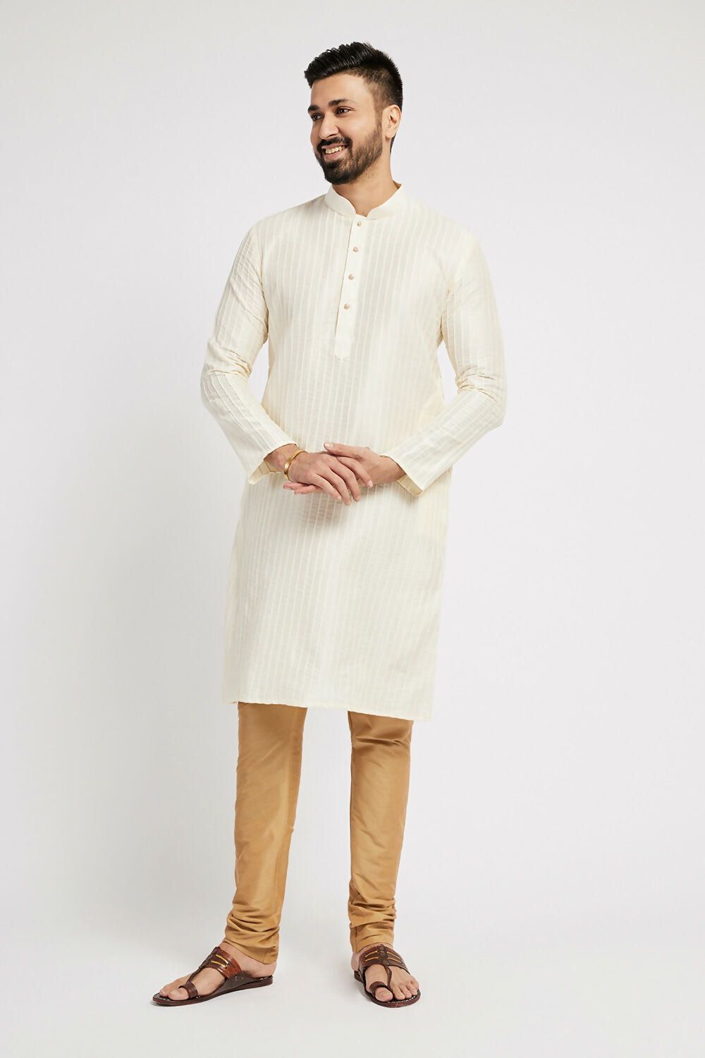 Ethnic India Cream Men's Kurta Striped Polyester | Grocsy