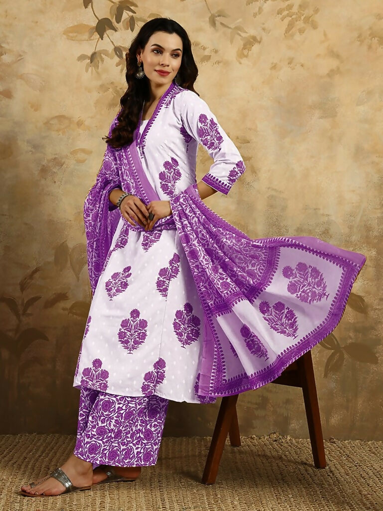 Purple Cotton Blend Printed Anarkali Suit with Dupatta - Rashmika | Grocsy