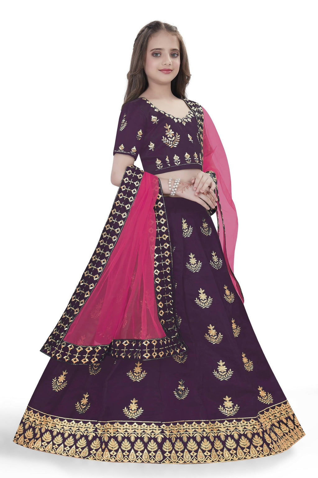 Dwiden Purple Kamal Tafetta Sattin Semi-Stitched Girl's Lehenga Choli | Grocsy