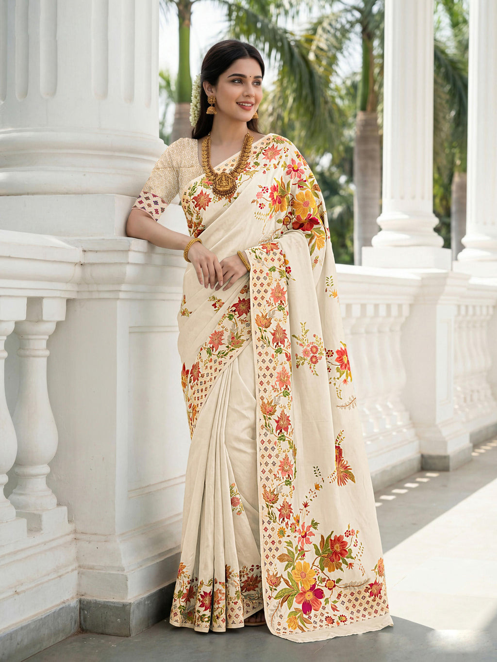Aastha Fashion Cream Premium Russian Silk Designer Floral Position Print Saree | Grocsy
