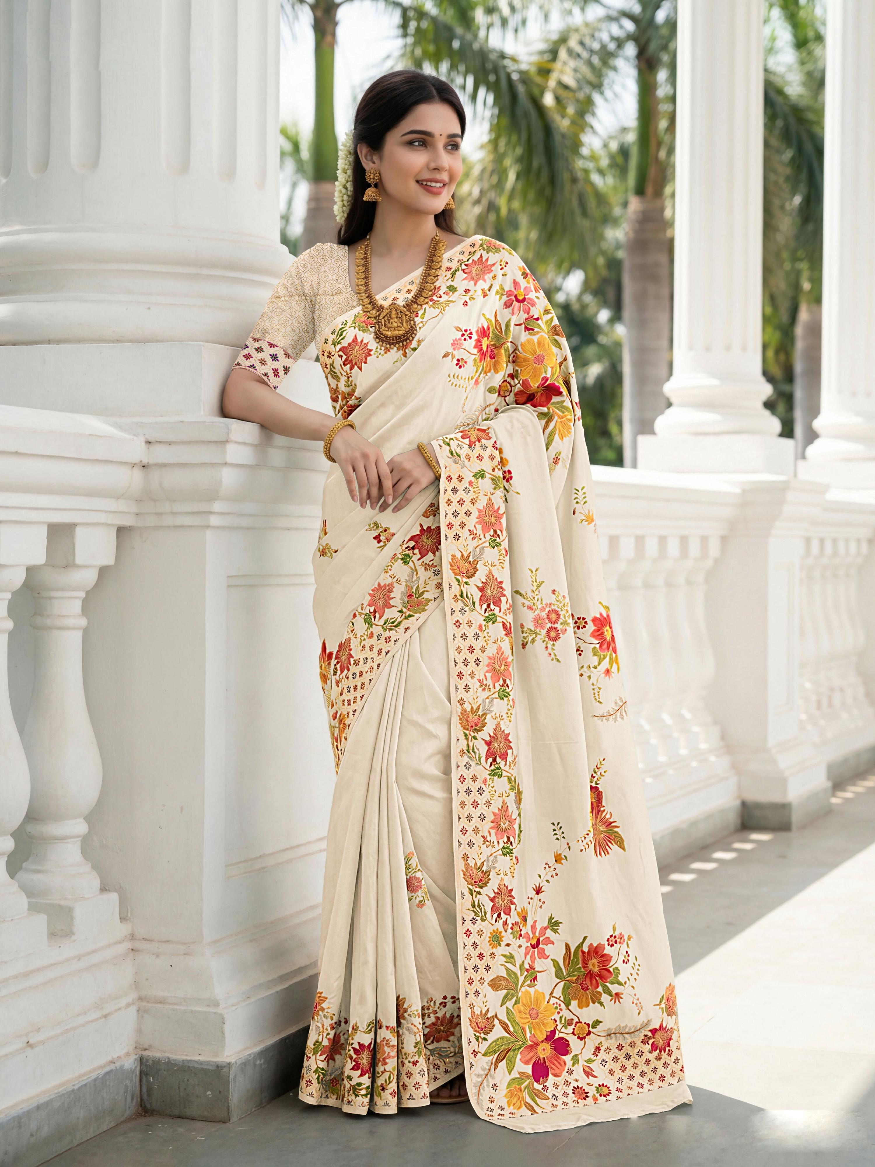 Aastha Fashion Cream Premium Russian Silk Designer Floral Position Print Saree | Grocsy