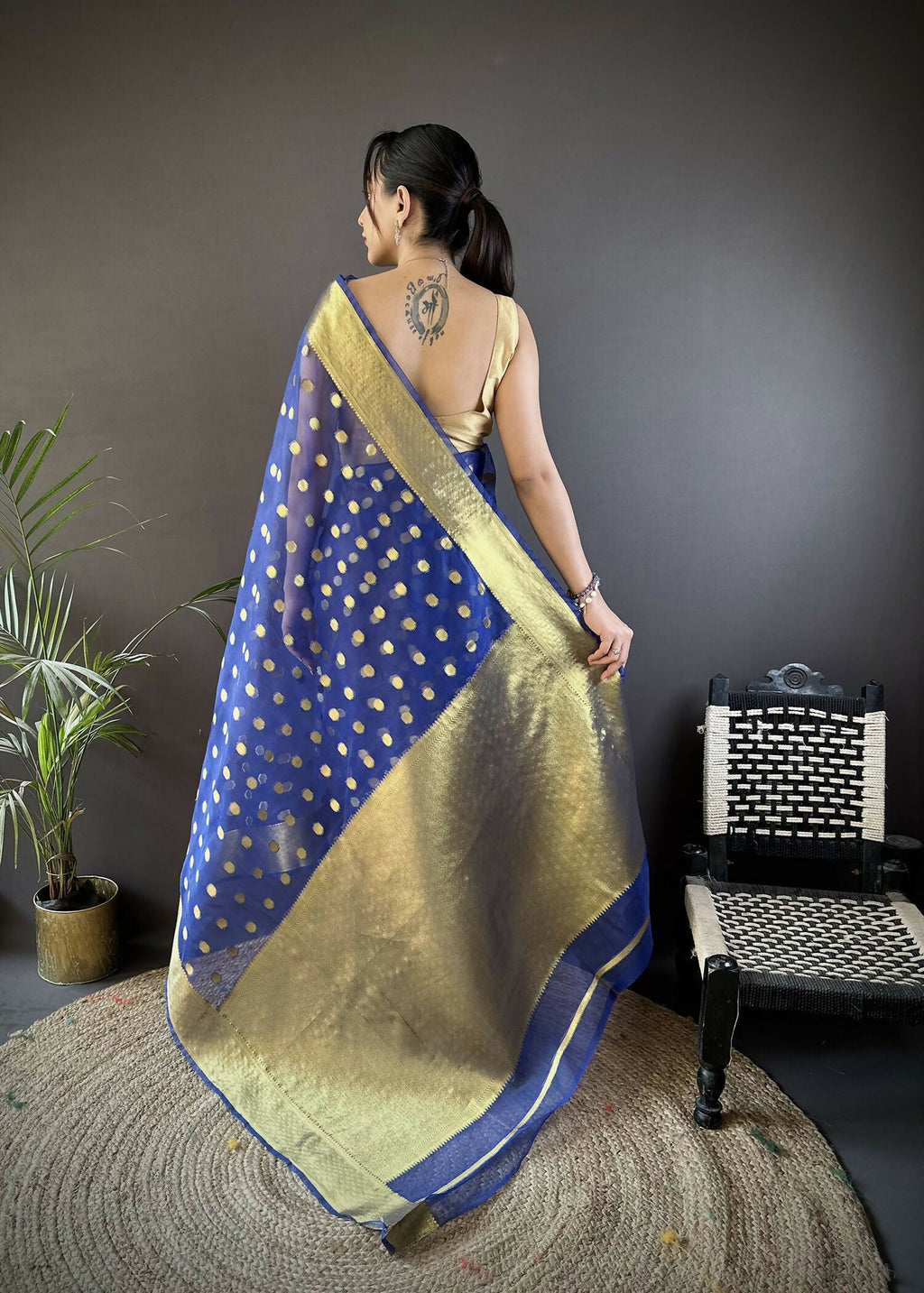 Joban Fashion Royal Blue Polka-Dot Zari Woven Organza Silk Banarasi Silk Saree | Grocsy