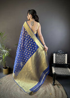Joban Fashion Royal Blue Polka-Dot Zari Woven Organza Silk Banarasi Silk Saree | Grocsy