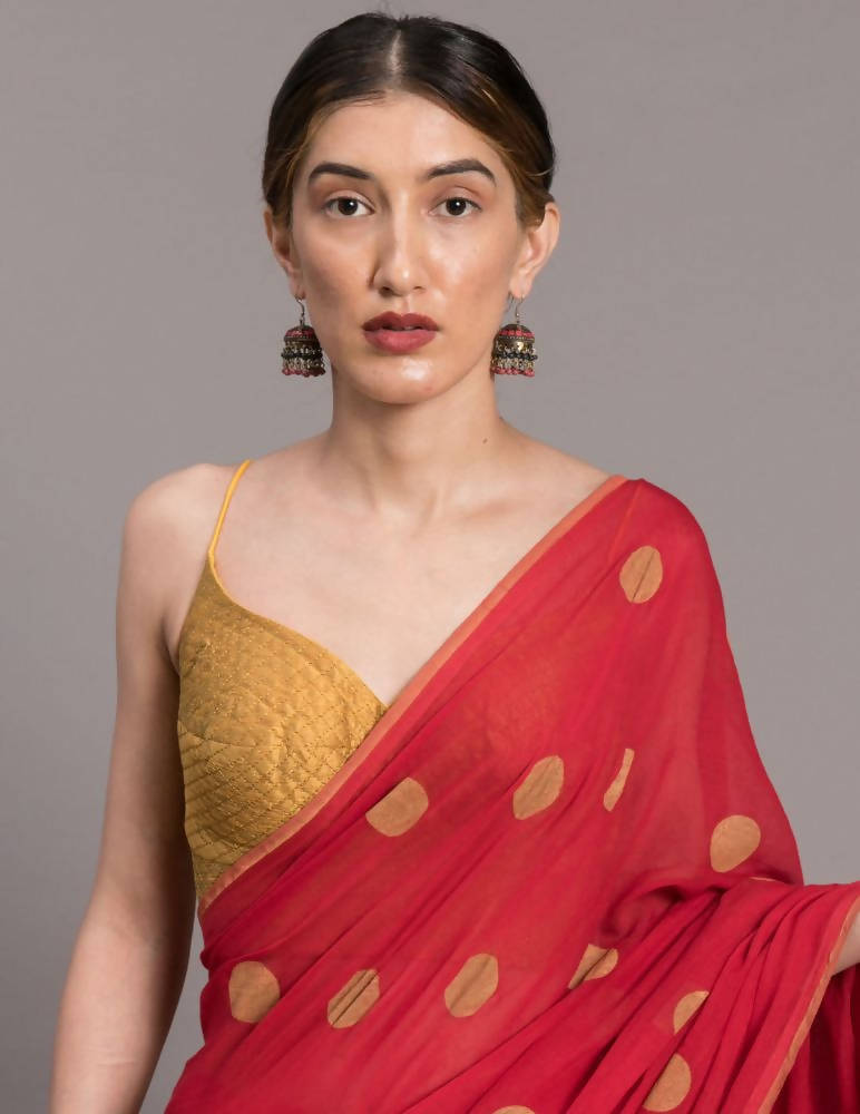 Suta Red Beige Polka Printed Pure Cotton Saree | Grocsy