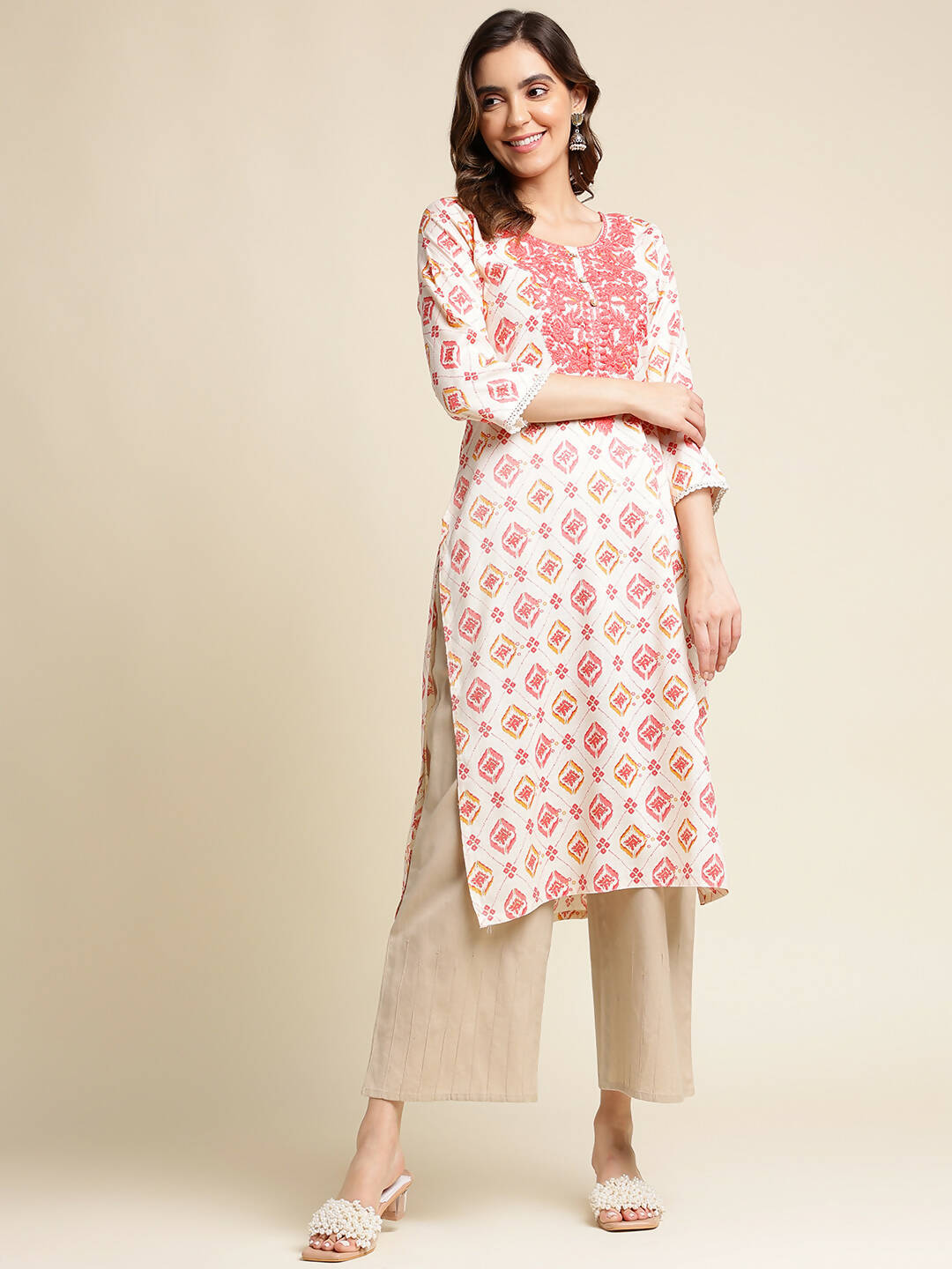 Red Poly Rayon Aztec Printed Straight Fit Kurta - Prasuti | Grocsy