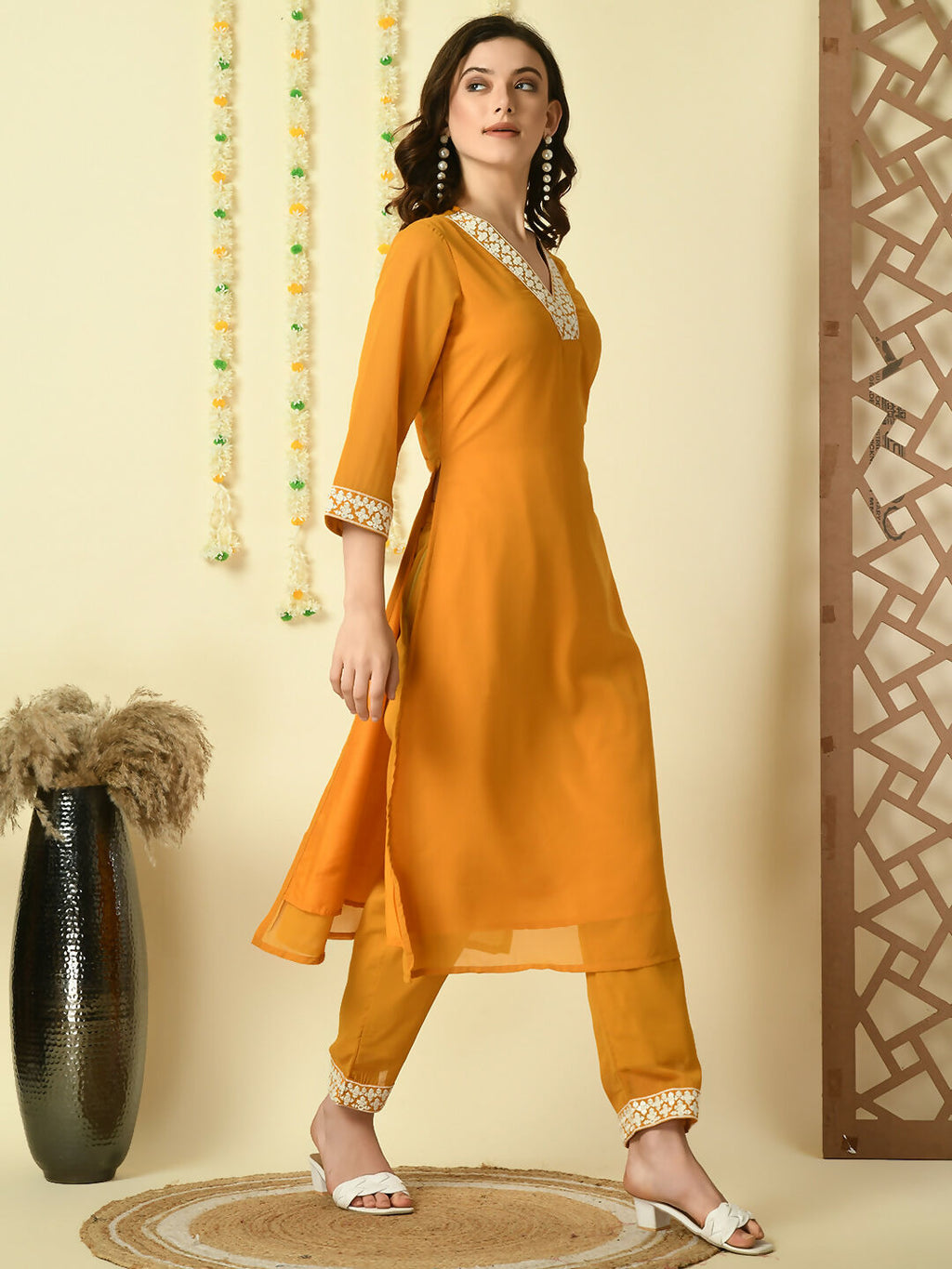 Myshka Women's Mustard Georgette Kurta With Trousers Party Sets | Grocsy