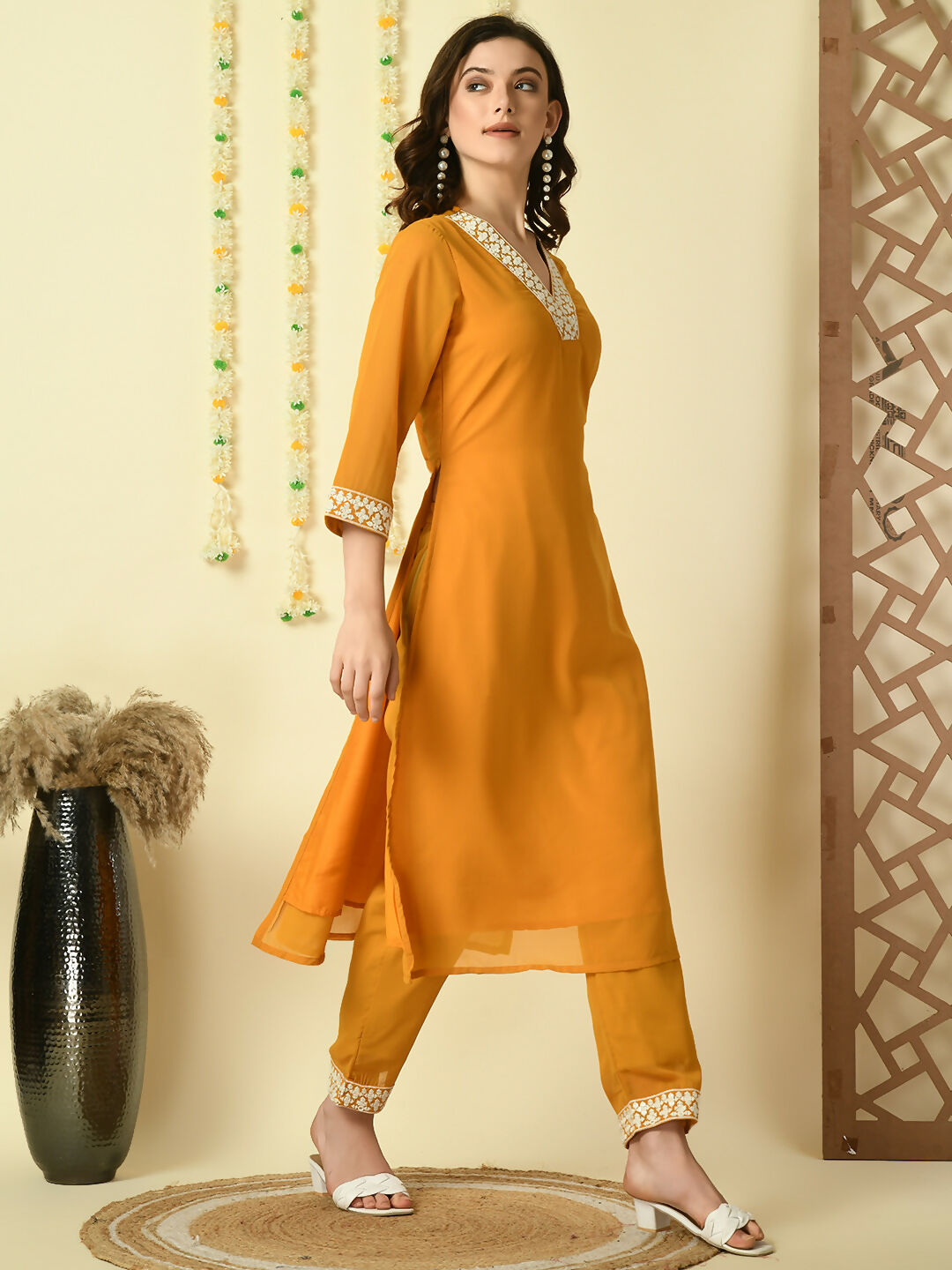 Myshka Women's Mustard Georgette Kurta With Trousers Party Sets | Grocsy