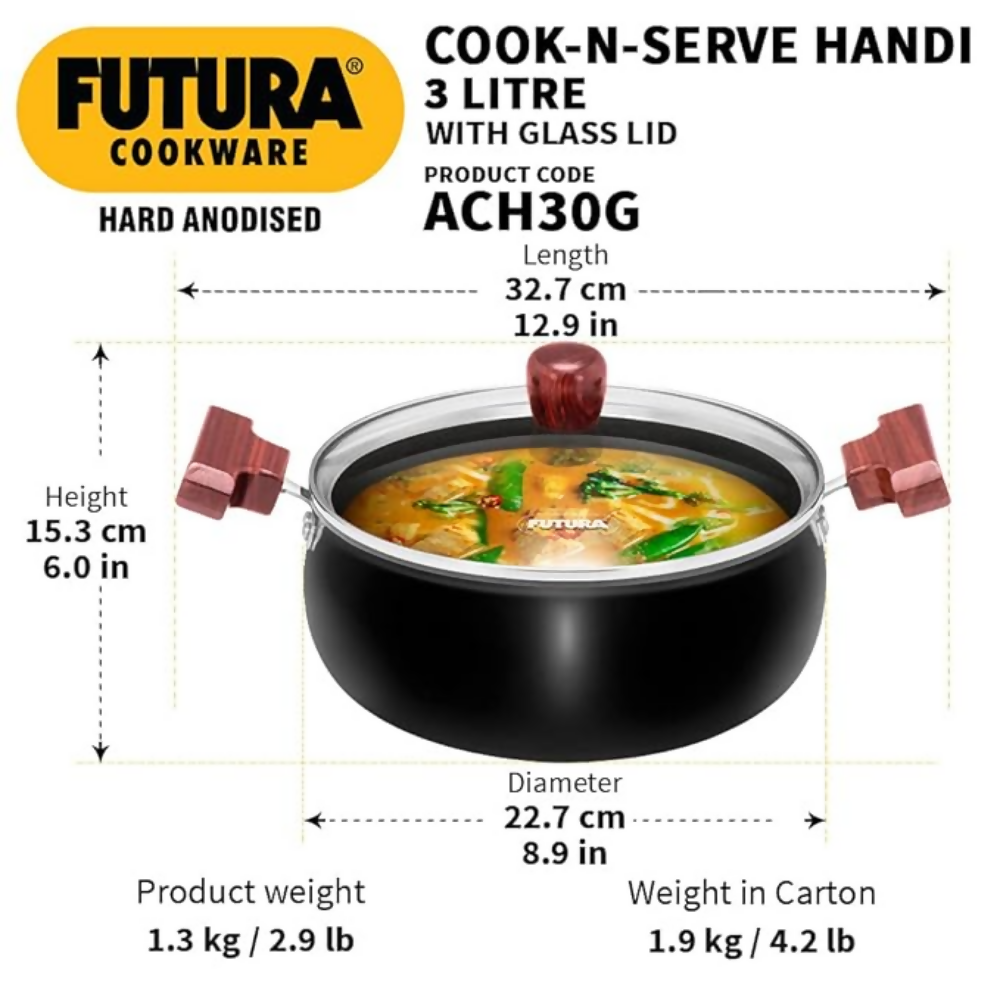 Hawkins Futura Cook N Serve Handi, Hard Anodised Biryani Handi with Glass Lid Non-Stick Saucepan | Grocsy