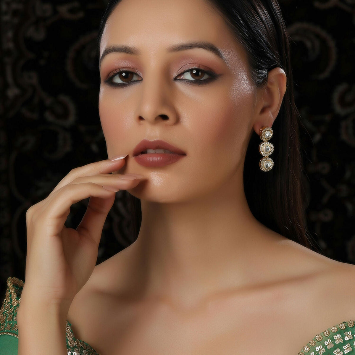 Uncut 3 Tier Kundan Dangler Earrings (Gold) - Ruby Raang | Grocsy