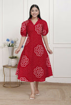 Miravan Womens Red Bandhani Printed Collar Neck Maxi Dress | Grocsy