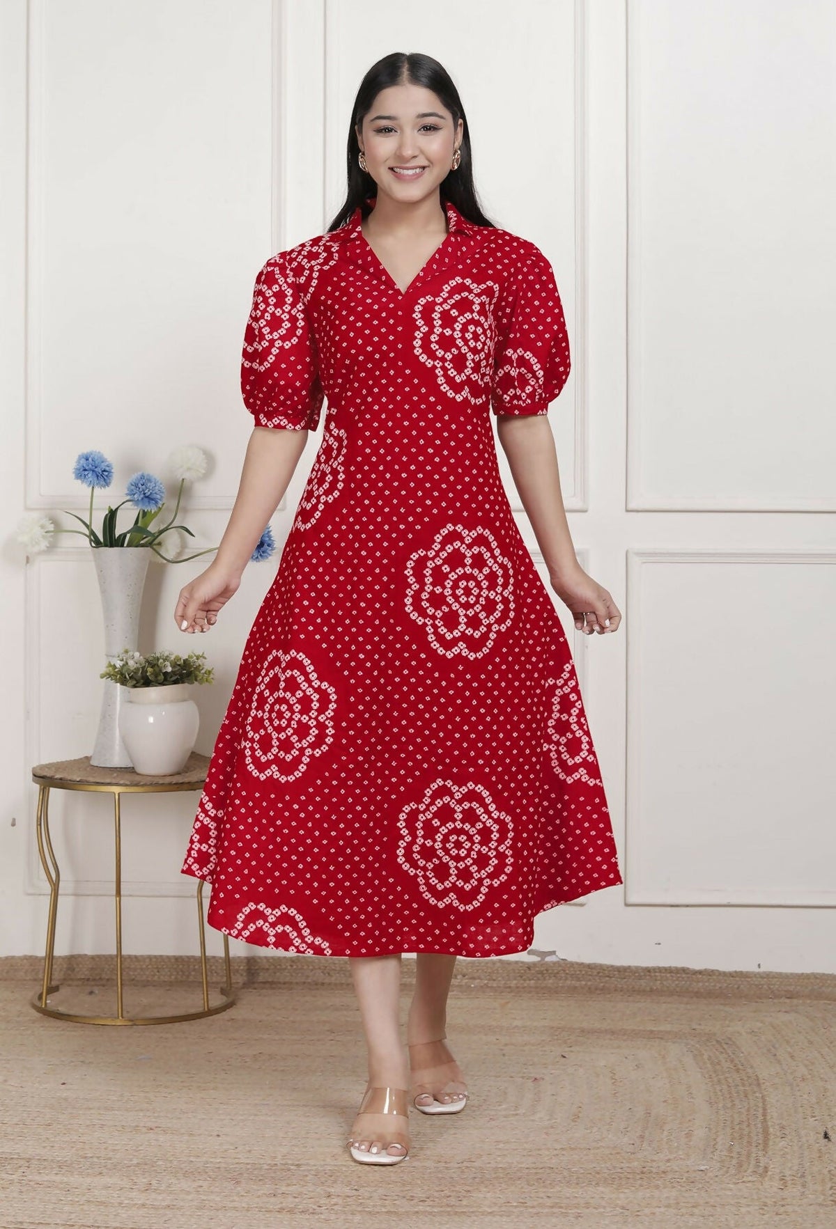 Miravan Womens Red Bandhani Printed Collar Neck Maxi Dress | Grocsy