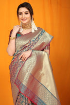 Jyoti Fashion Women's Grey Kanjivaram Silk Zari Woven Saree with Blouse | Grocsy