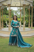 Vastranavya Premium Designer Printed With Sequins & Thread Embroidered work Kurti Palazzo & Dupatta - Firozi | Grocsy