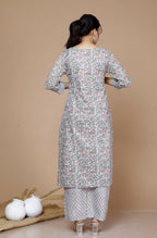 Miravan Women's Plus Size Blue Floral Printed Gota Patti Cotton Kurta With Palazzo | Grocsy