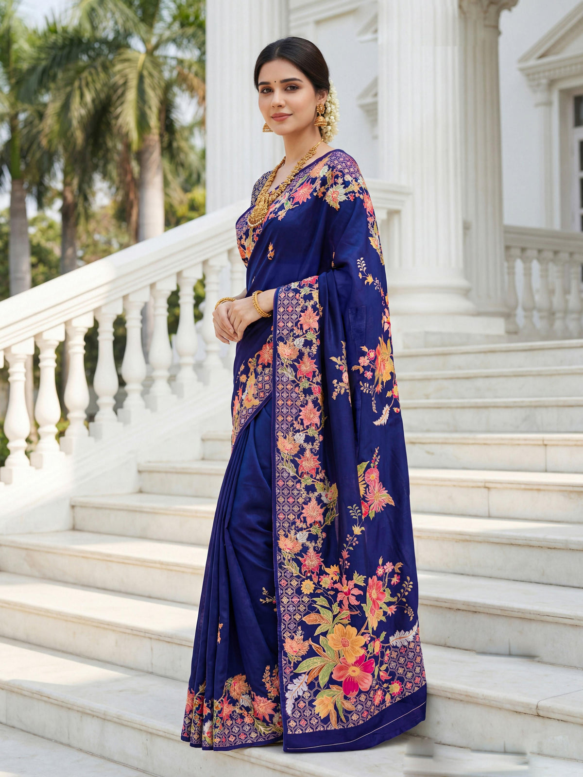 Aastha Fashion Royal Blue Premium Russian Silk Designer Floral Position Print Saree | Grocsy