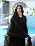 Nikhaar Black Embroidered Art Silk Stitched Straight Cut Kurta Pants Dupatta Readymade Suit | Grocsy