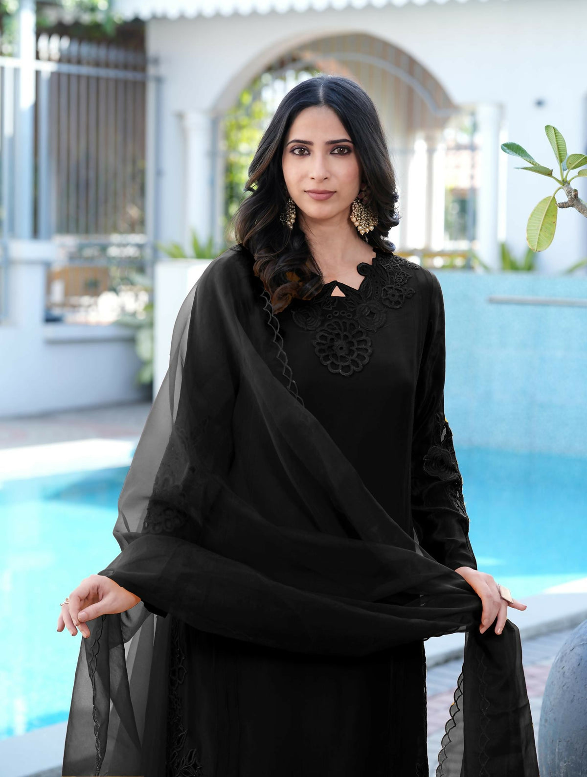 Nikhaar Black Embroidered Art Silk Stitched Straight Cut Kurta Pants Dupatta Readymade Suit | Grocsy