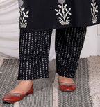 Miravan Women's Plus Size Cotton Gota Patti Black Floral Printed Straight Kurta Palazzo Set | Grocsy