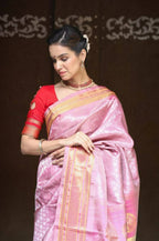 Very Much Indian Silk Handloom Maharani Paithani In Rich Pearl Pink With Silver Zari Brocade | Grocsy