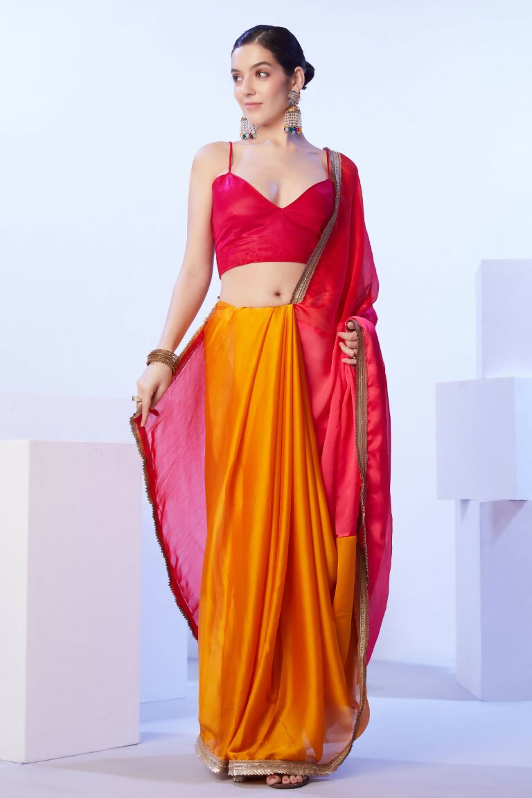 Red Satin Moss Solid Designer & Lace Work Saree - Samaa | Grocsy