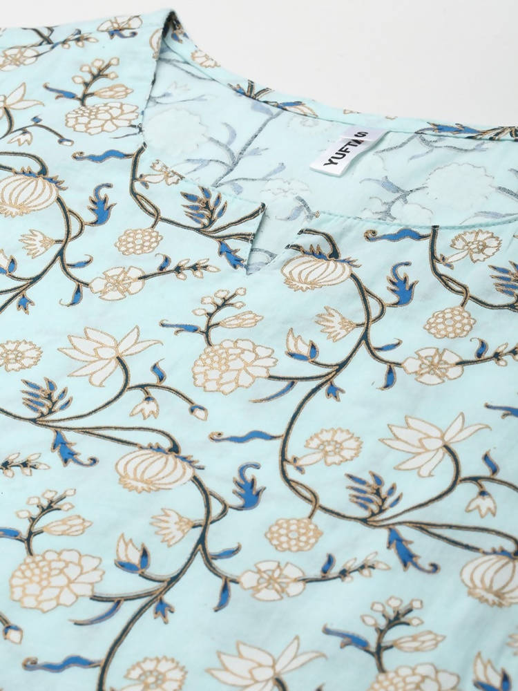Yufta Women Blue & White Floral Printed Pure Cotton Kurta with Trouser & Dupatta | Grocsy