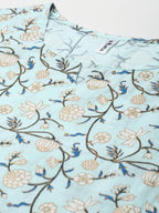 Yufta Women Blue & White Floral Printed Pure Cotton Kurta with Trouser & Dupatta | Grocsy