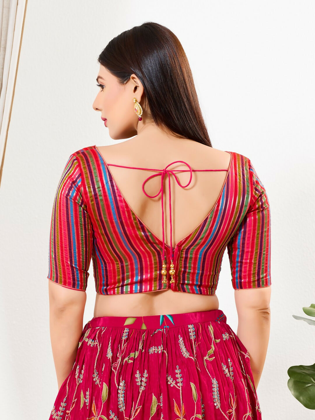 Joban Fashion Pink Multi Brocade Padded Blouse With V Neck Elbow Sleeves | Grocsy