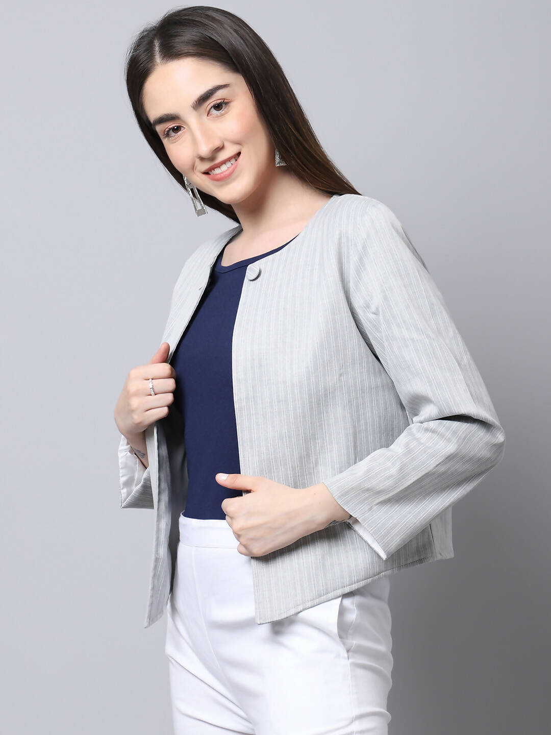 Even Apparels Grey Polywool Open Front Statement Women's Jacket (PW681) | Grocsy