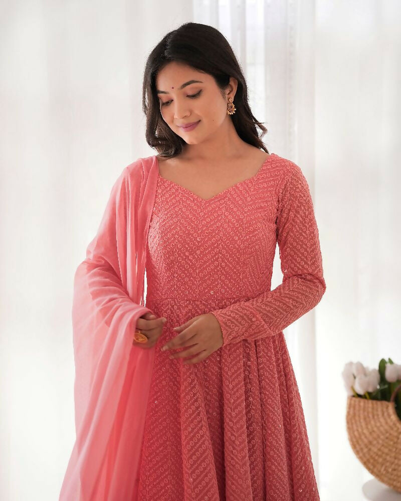 Joban Fashion Peach Kurta Set Georgette Sequence Embroidery Work | Grocsy