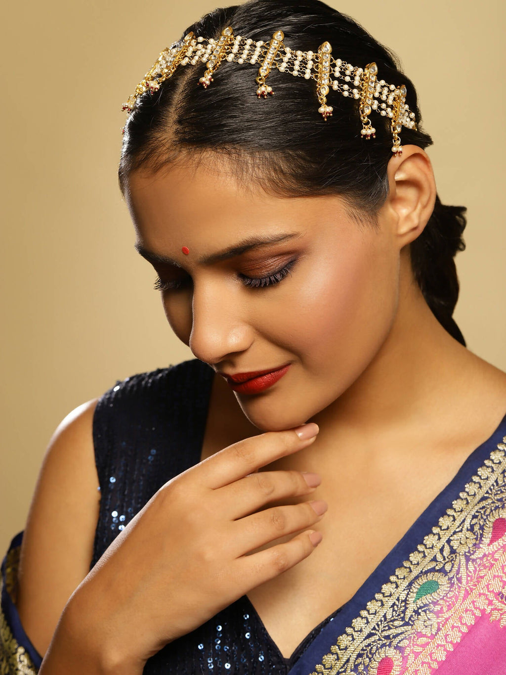 White Gold-Polished Kundan-Studded Beaded Matha Patti - Ruby Raang | Grocsy