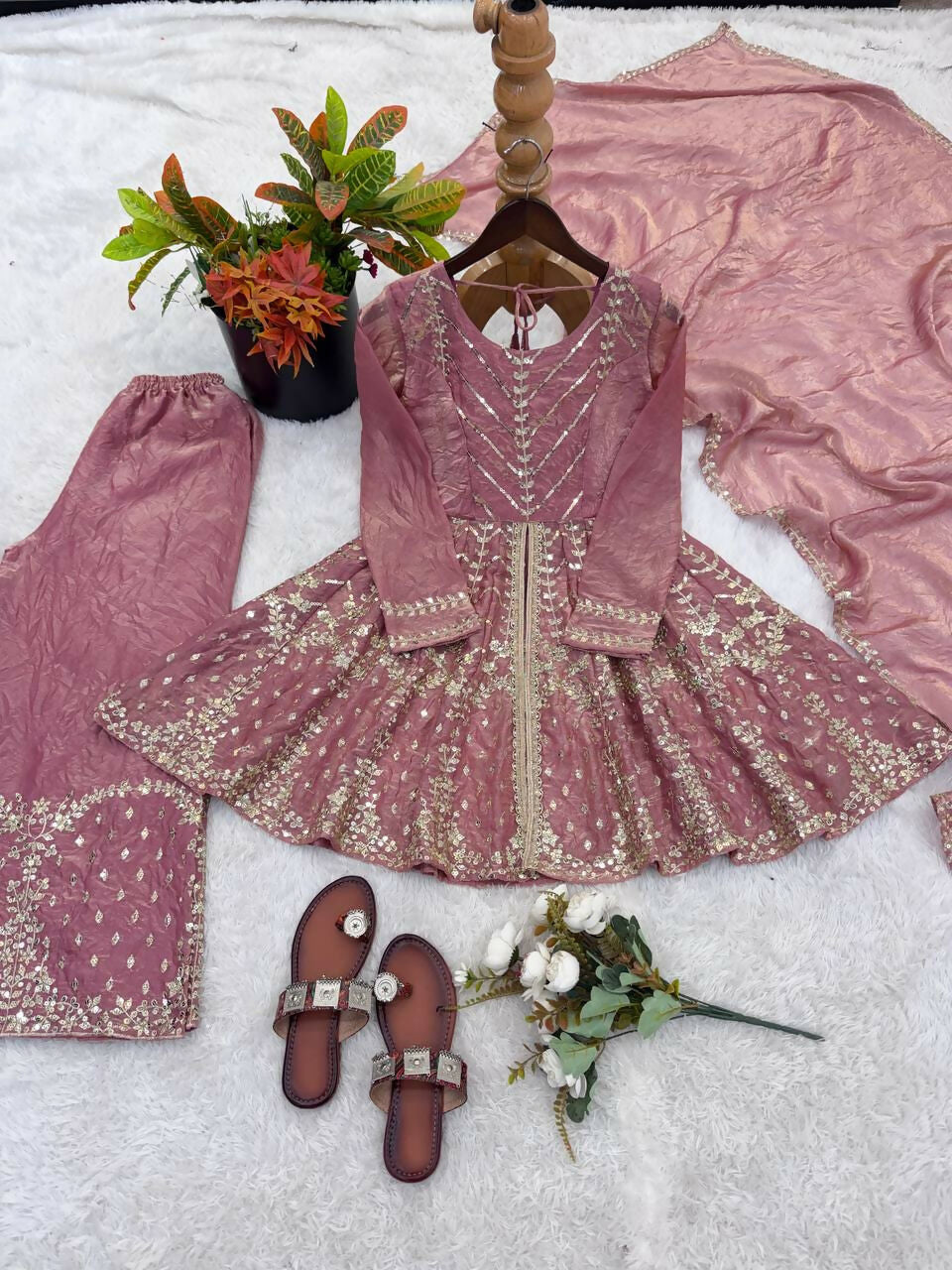 Teeya Creation New Womens Trendy Embroidery Sequence Work Pink Kurta Set | Grocsy