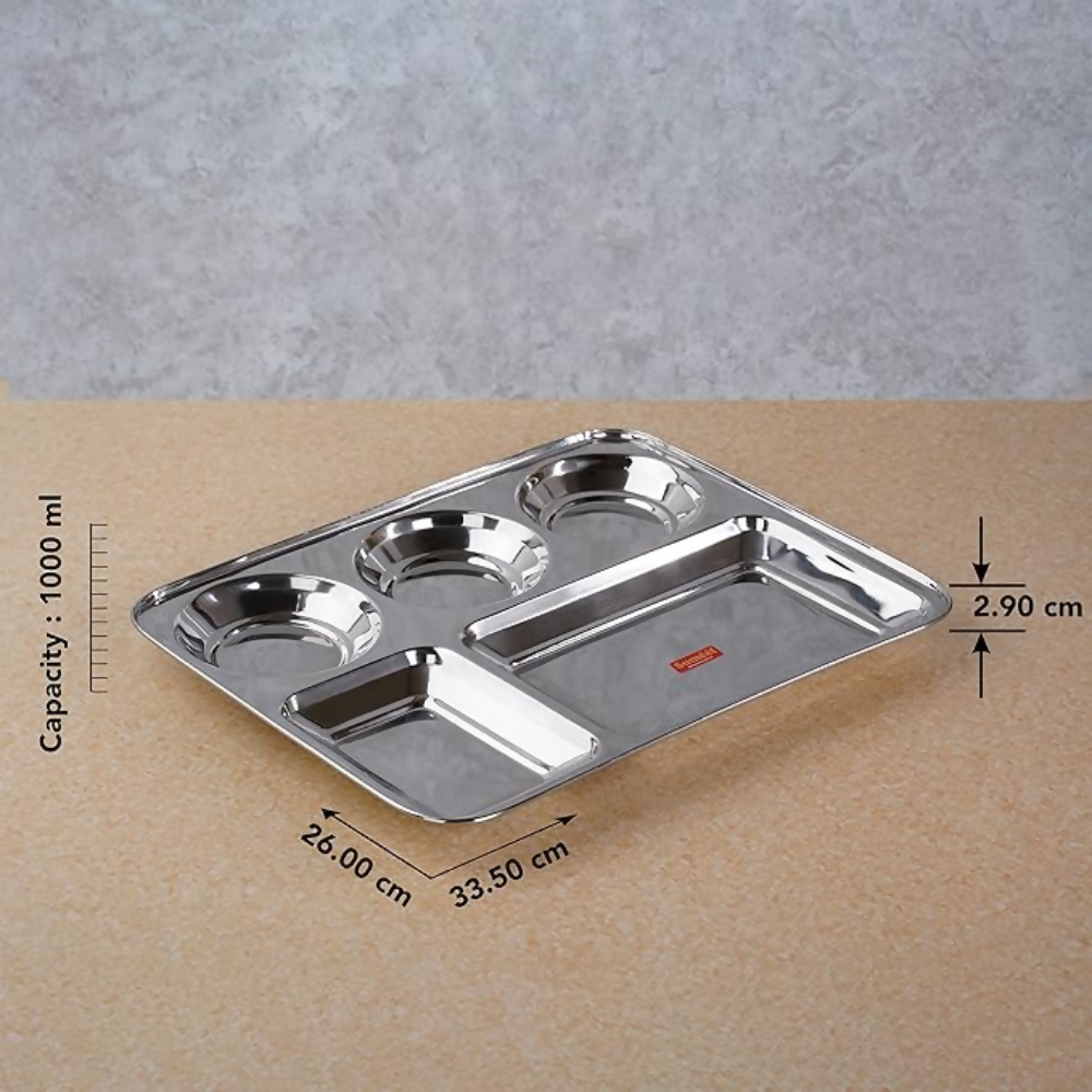 Sumeet Stainless Steel Rectangular 5 in 1 Compartment Lunch/Dinner Plate - small | Grocsy
