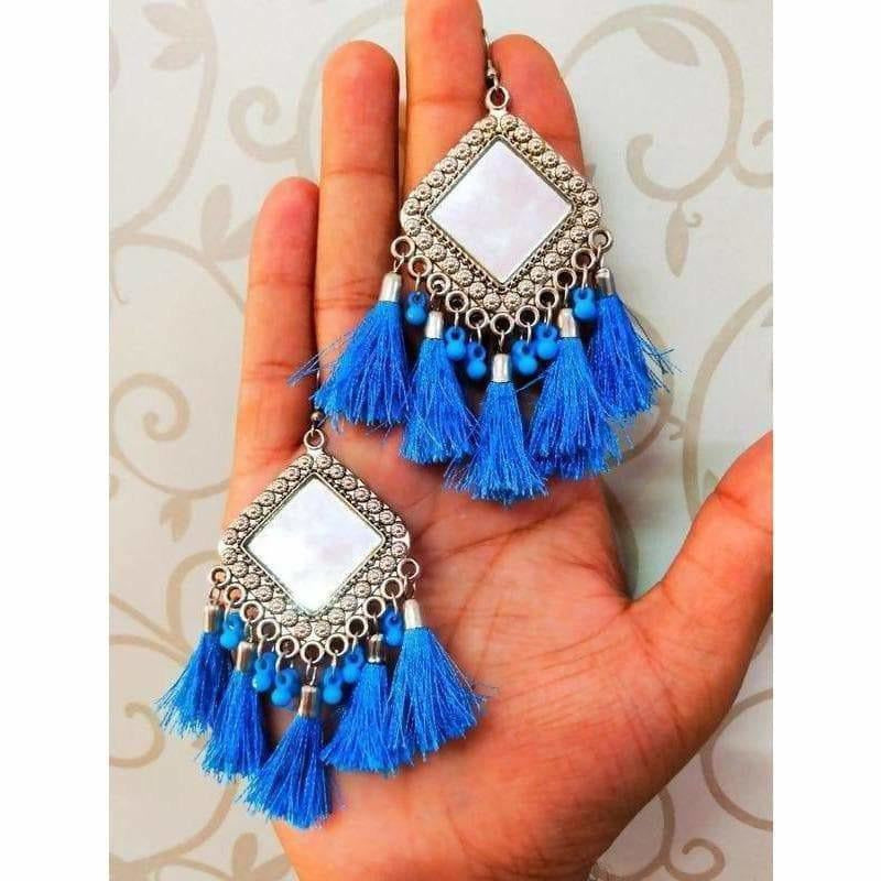 MS Fashion India Latkan Kite Design Mirror Hanging Blue Silk Threads Earrings | Grocsy