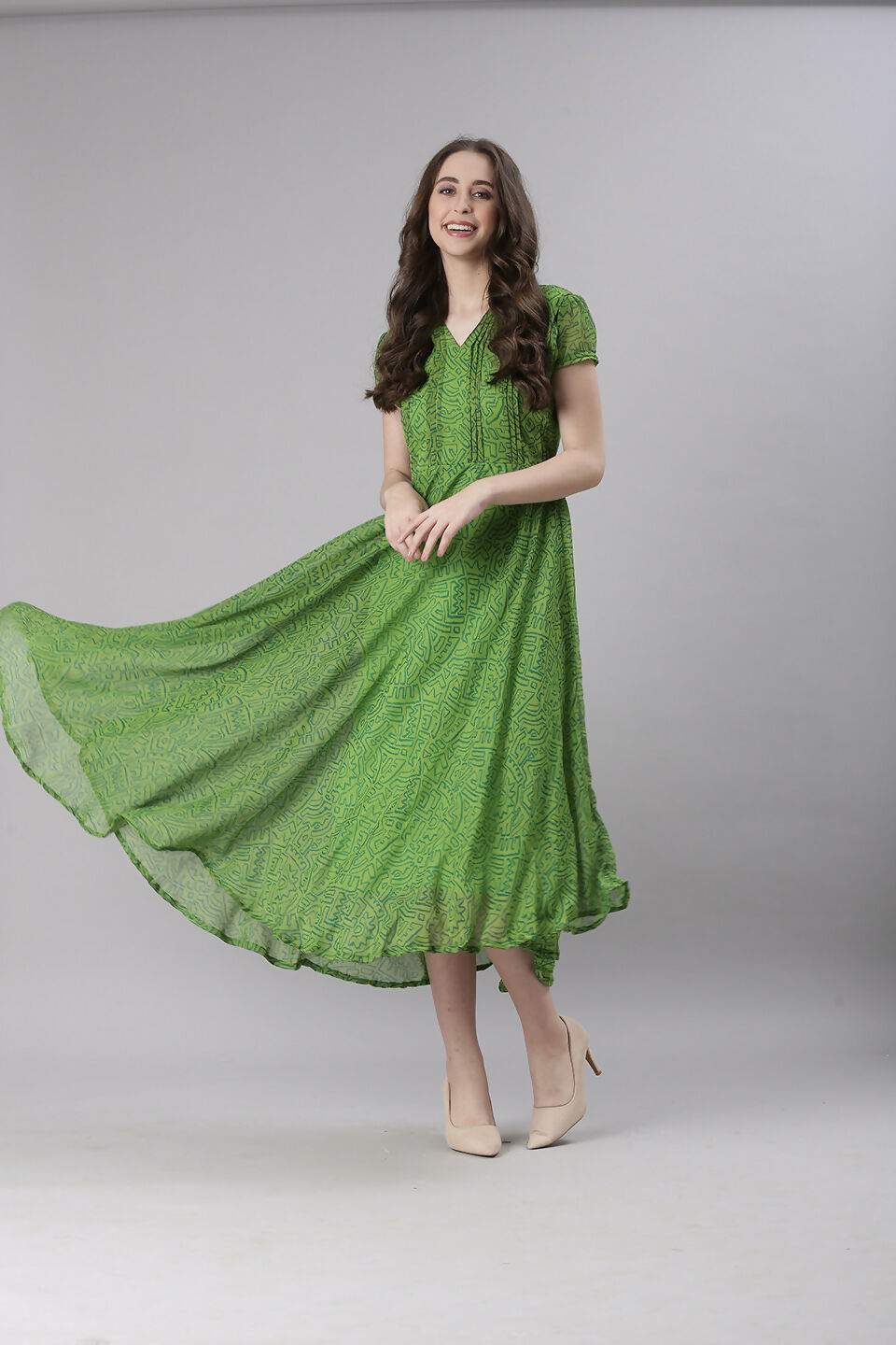 Souchii Green Printed Midi Dress – Flowy Fit & Flare | Grocsy