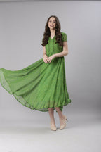 Souchii Green Printed Midi Dress – Flowy Fit & Flare | Grocsy