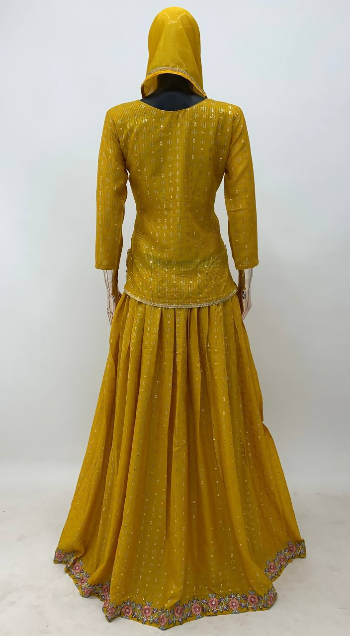 Lorenvalley Fashion Yellow Chinon Embroidery with Sequince Work Salwar Lehenga Stitched | Grocsy