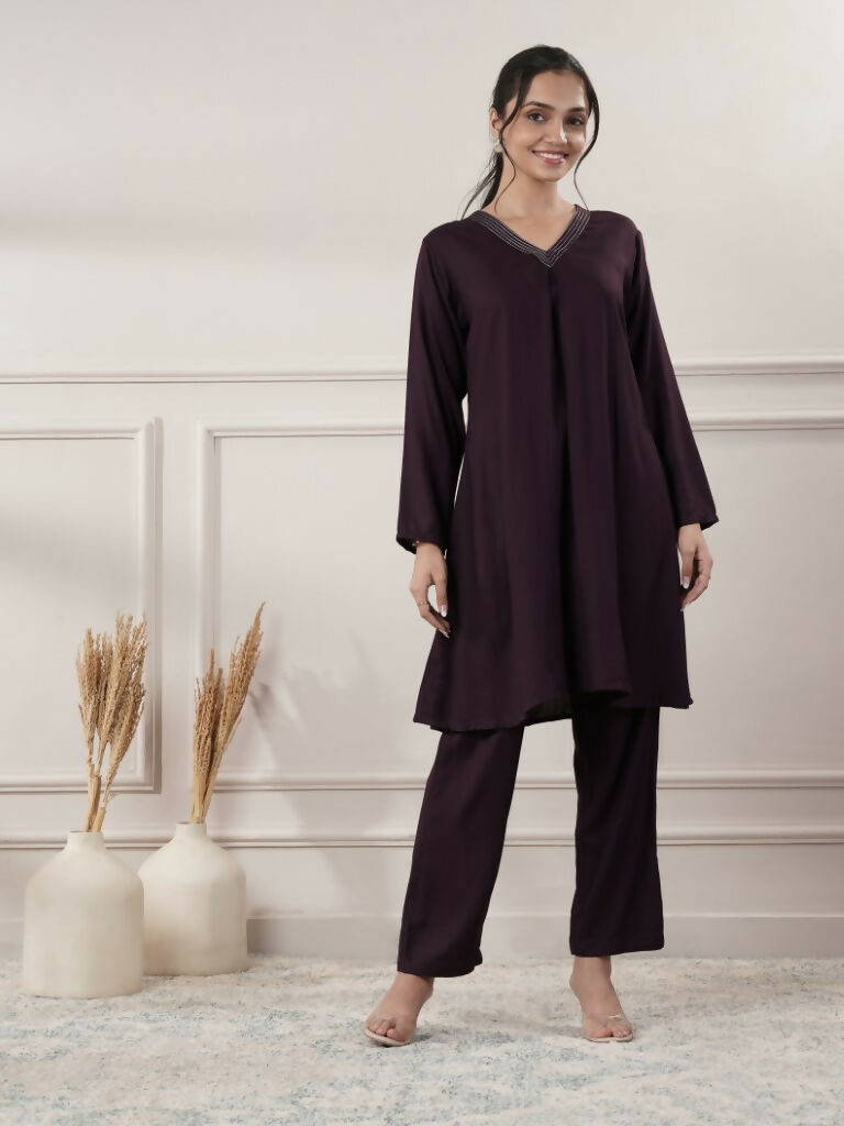Joban Fashion Women's Rayon Wine V-Neck Co-Ord Set With Pant | Grocsy