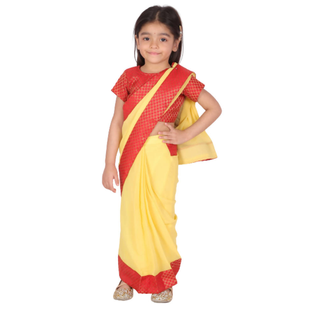 Little Bansi Girls Red and Yellow Color Saree with Floral Brocade Blouse | Grocsy