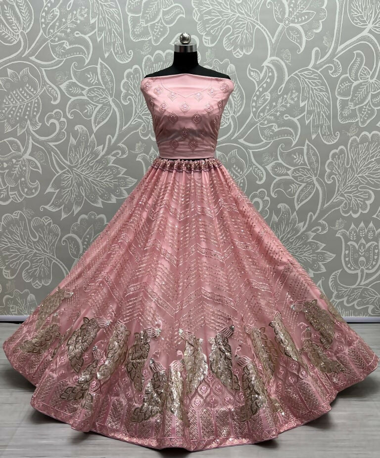 Jyoti Fashion Women's Pink Bridal Net Fancy Foil & Sequins with Multi Thread Embroidered Wedding Lehenga Choli | Grocsy
